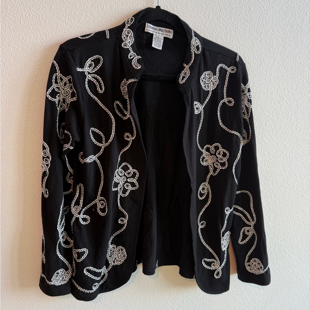 Lauren Michelle Black Jacket with White Floral Embroidery